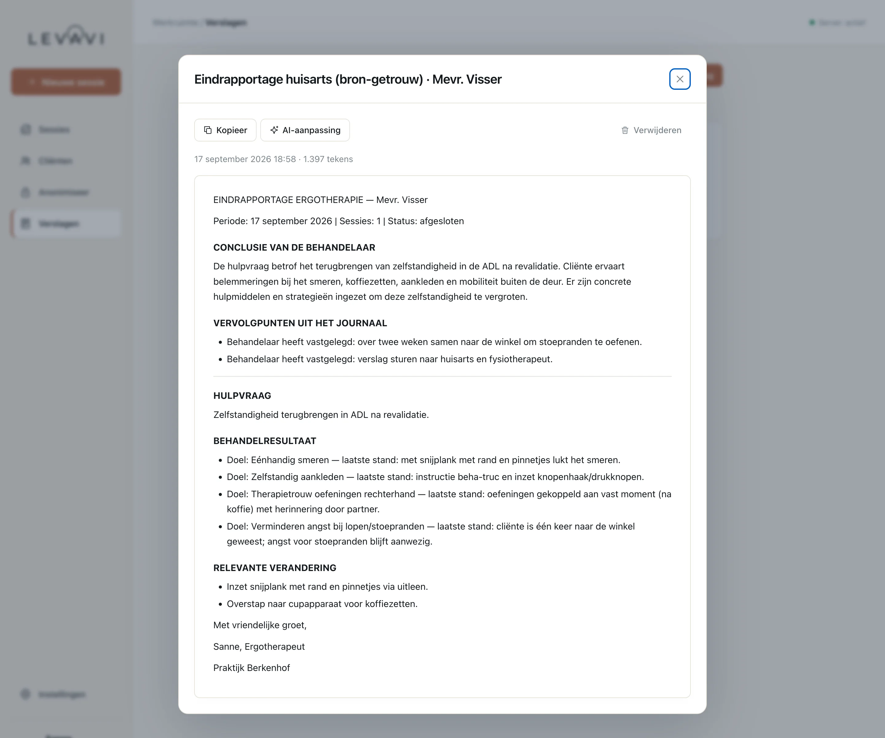 Het tabblad Verslagen met een geopende eindrapportage voor de huisarts: conclusie van de behandelaar, vervolgpunten, behandelresultaat per doel en de ondertekening.